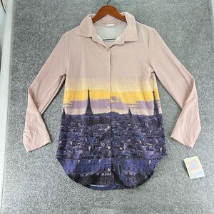 NWT Lularoe Valentina Long Sleeve Button Up Pink Blue City Buildings Womens S